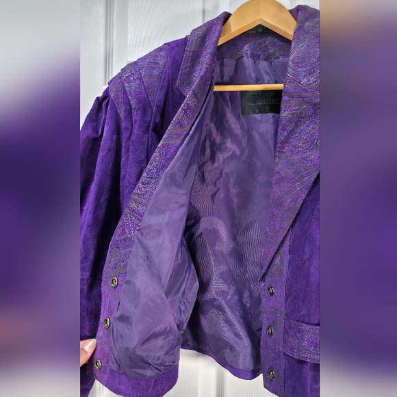 VTG Giorgio Ferrini Purple Suede 80s Cropped Jacket Paisley Boho Biker M - MINT - Picture 8 of 12